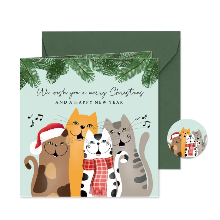 Kerstkaart zingende katten