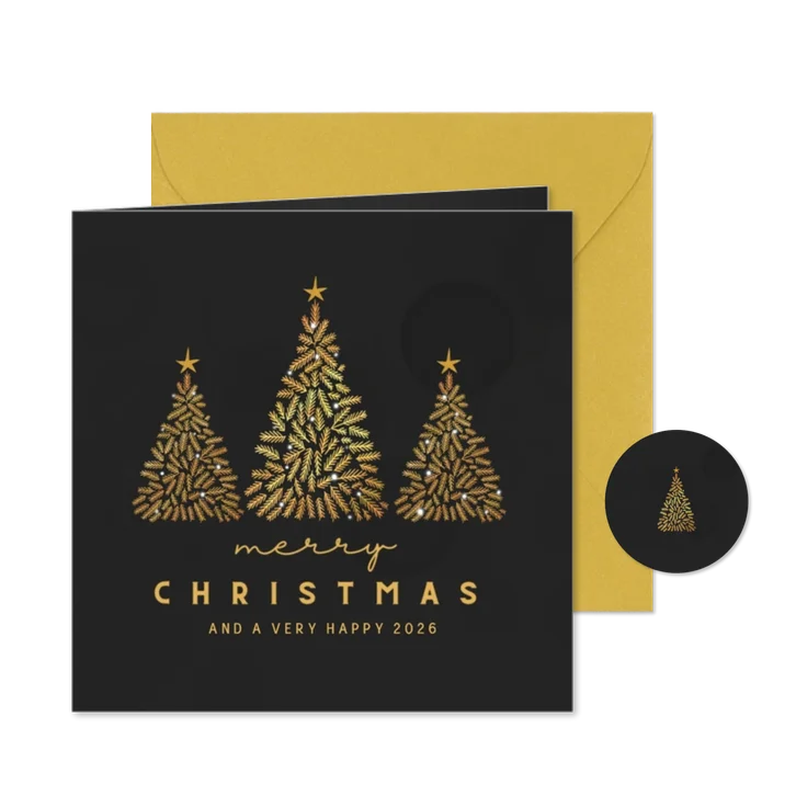 Kerstkaart zwart met gouden kerstboompjes