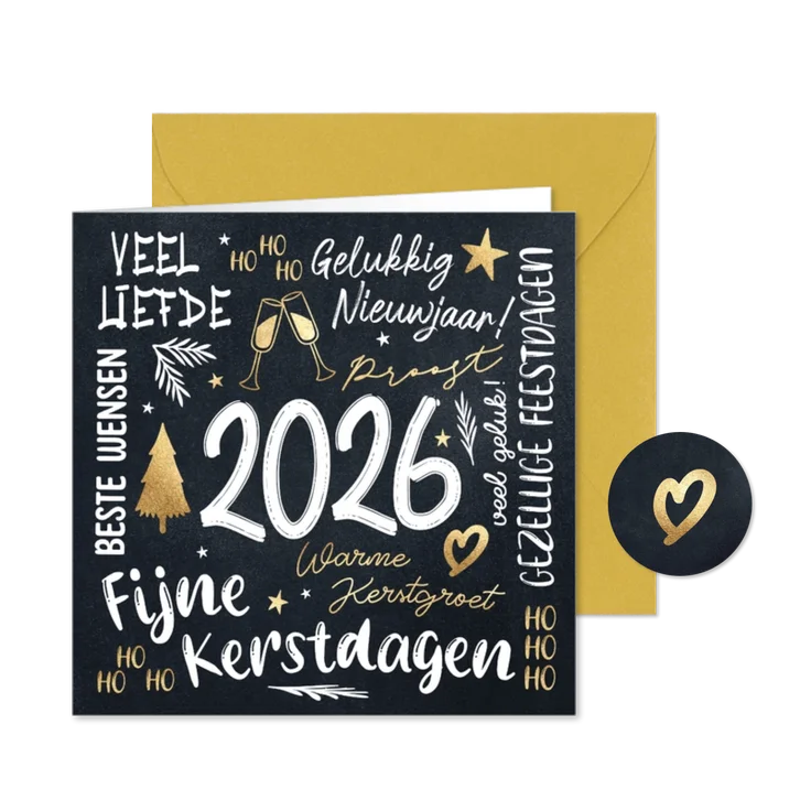 Kerstkaart zwart wit goud 2026