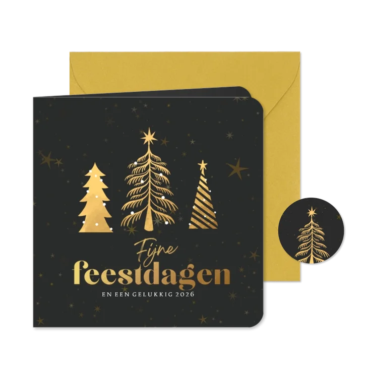Kerstkaart zwarte sterrenhemel met gouden kerstbomen