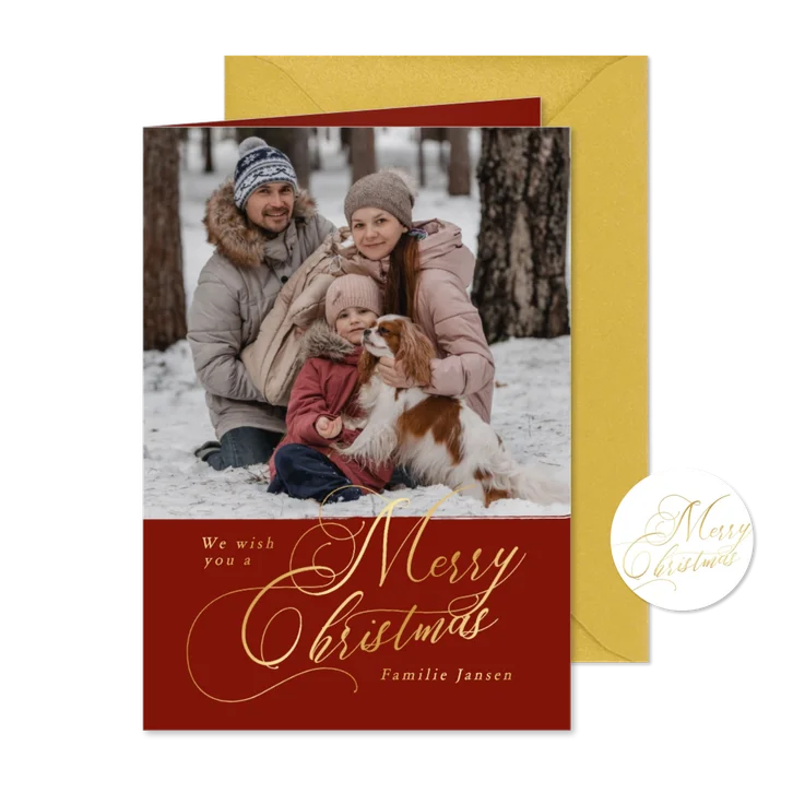 Kerstkaarten met foto en gouden merry christmas klassiek