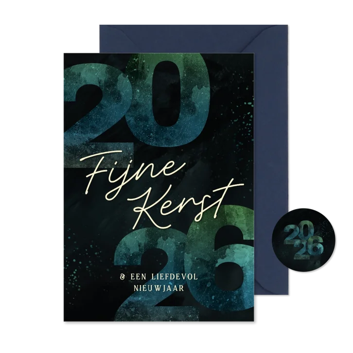 Kerstkaartje 2026 groen blauw fijne kerst jaartal