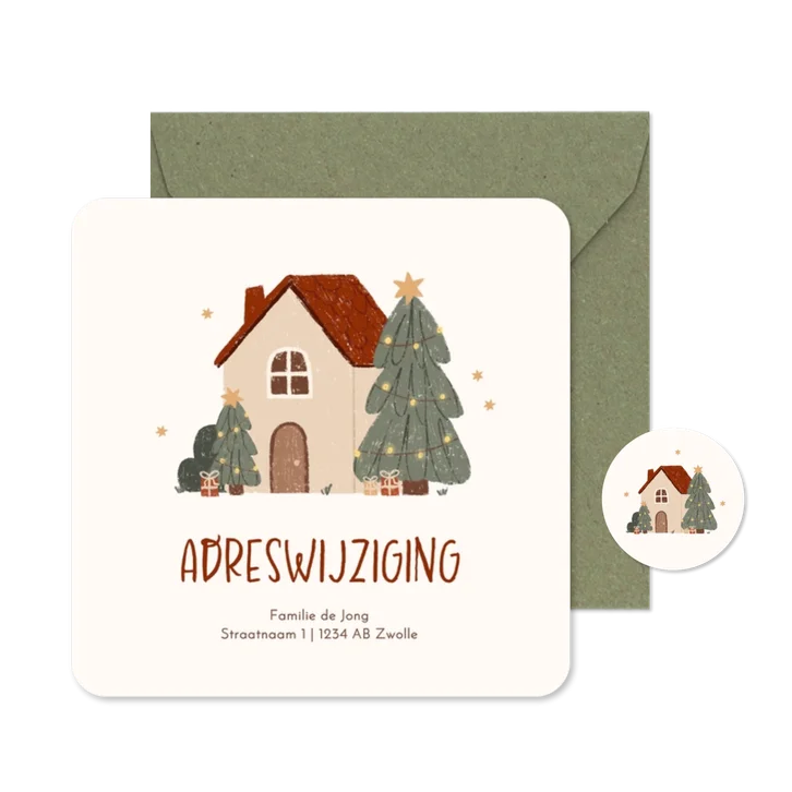 Kerstkaartje adreswijziging illustratie huis kerstboom ster