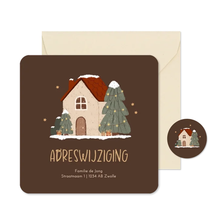 Kerstkaartje adreswijziging illustratie huisje met sneeuw