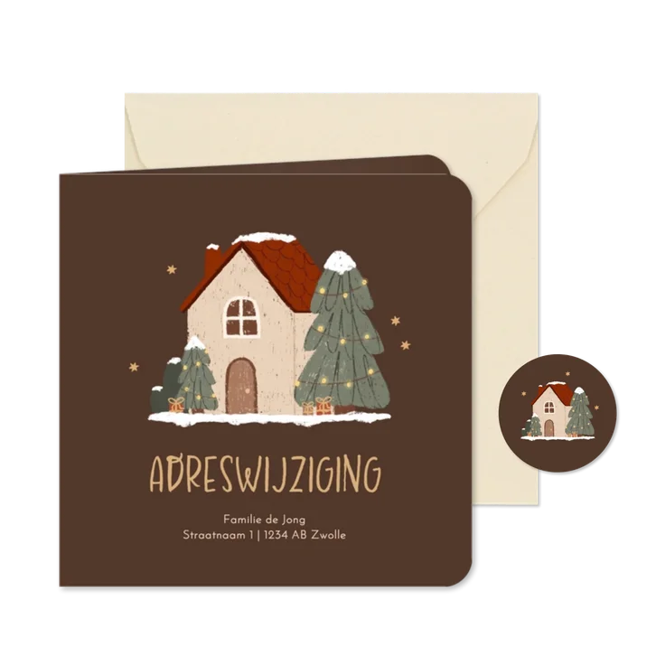Kerstkaartje adreswijziging illustratie huisje met sneeuw