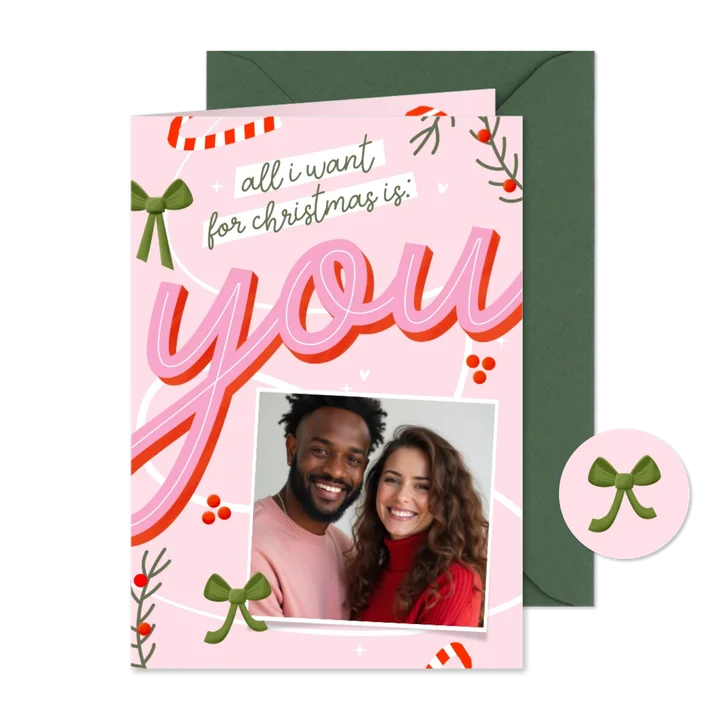 Kerstkaartje all i want for christmas is you met foto