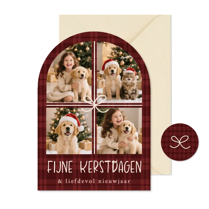 Kerstkaartje boogvorm ruitjes klassiek fotocollage strik