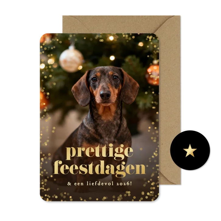 Kerstkaartje confetti grote foto hond prettige feestdagen
