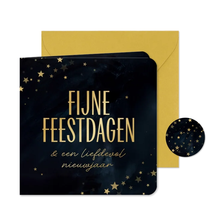 Kerstkaartje fijne feestdagen goud blauw met sterretjes
