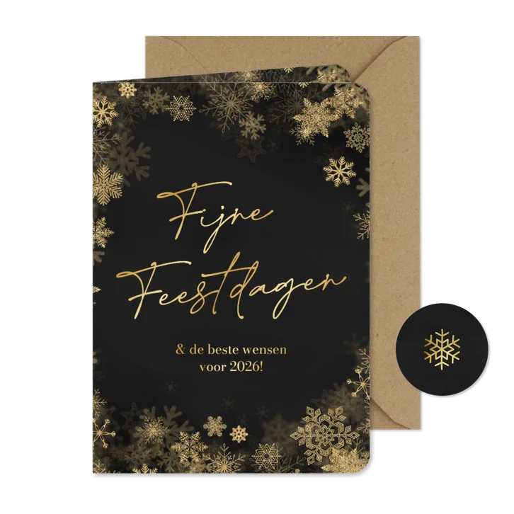 Kerstkaartje fijne feestdagen sneeuwvlokken goud