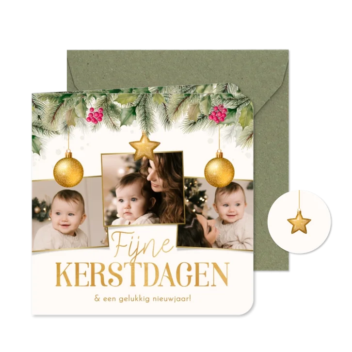 Kerstkaartje fotocollage hulst kerstballen goudlook