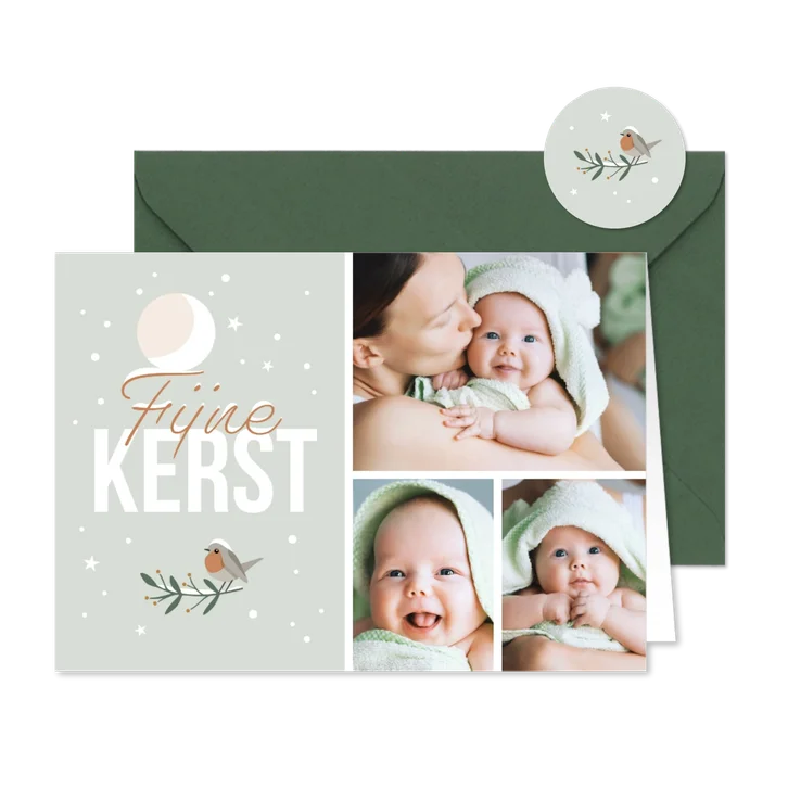 Kerstkaartje fotocollage maan roodborstje en vlokjes