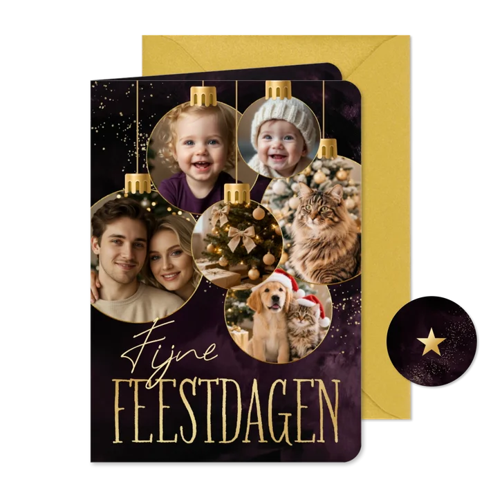 Kerstkaartje fotocollage zes kerstballen met foto