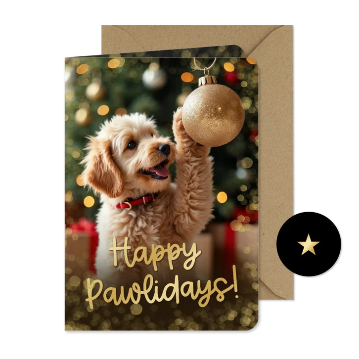 Kerstkaartje happy pawlidays hondje kerstbal pootje