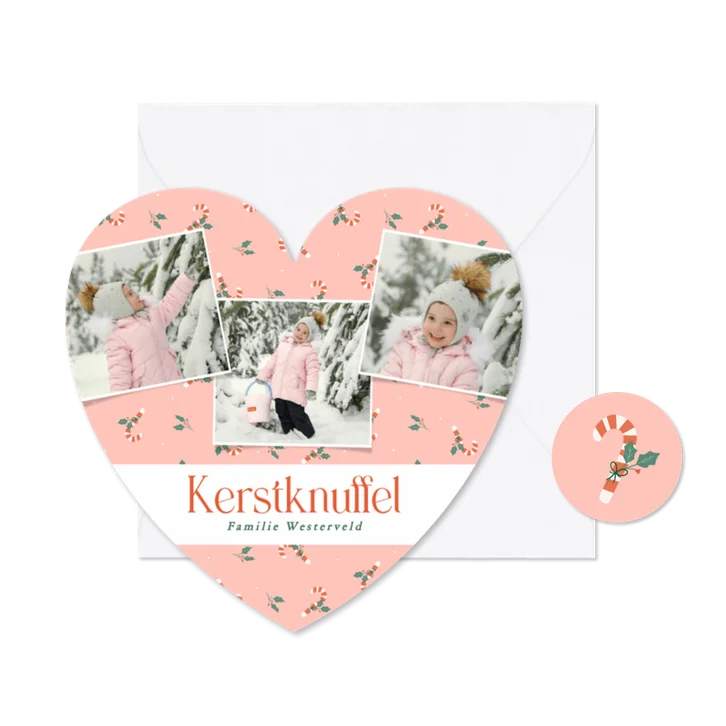Kerstkaartje hartje roze met foto's en zuurstokjes