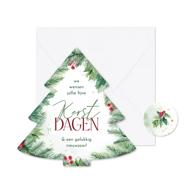 Kerstkaartje hulst en takjes in kerstboomvorm 