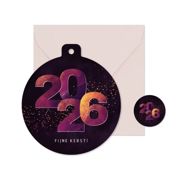 Kerstkaartje kerstbalvorm 2026 paars geel