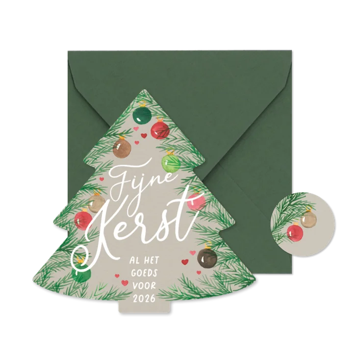 Kerstkaartje kerstboom takjes en ballen aquarel natuurlijk