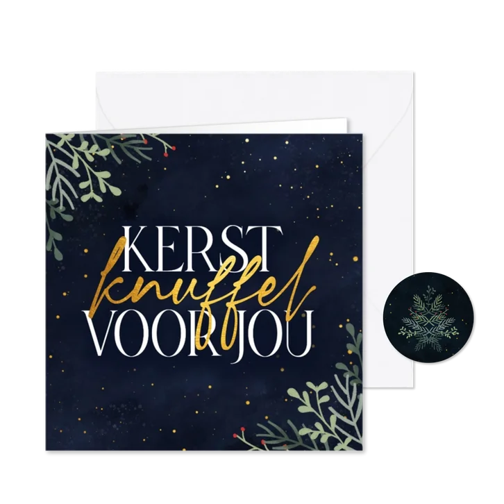 Kerstkaartje kerstknuffel voor jou met blaadjes