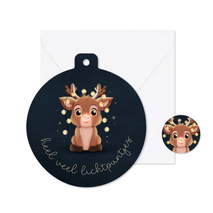 Kerstkaartje lichtpuntjes rendier blauw kerstbalvorm