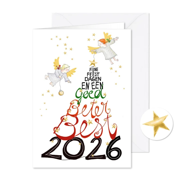 Kerstkaartje met engeltjes en goed beter best nieuwjaar