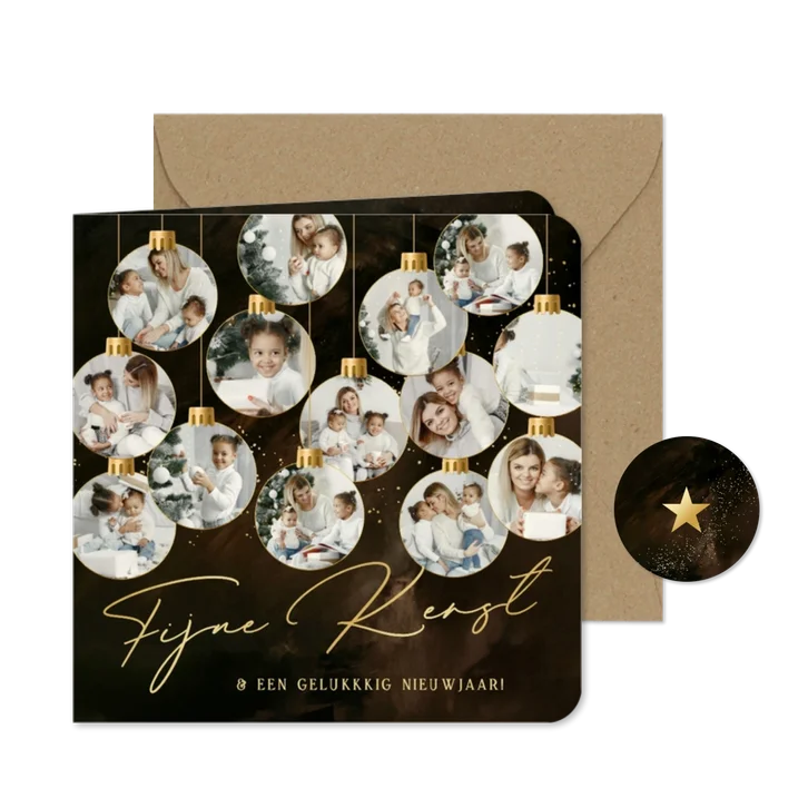 Kerstkaartje met fotocollage 14 kerstballen goud