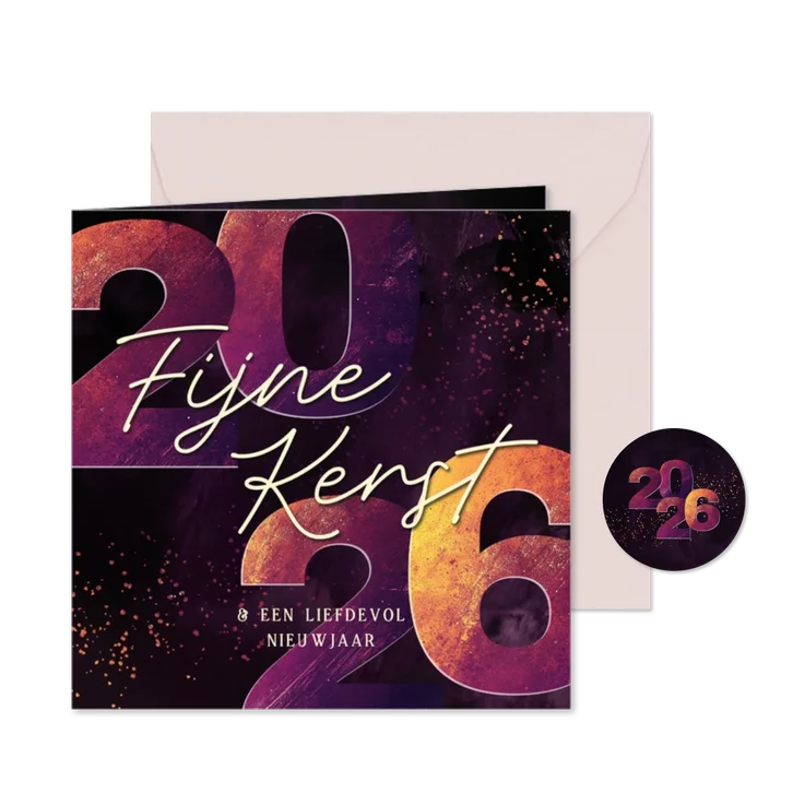 Kerstkaartje met groot 2026 in het paars en geel fijne kerst