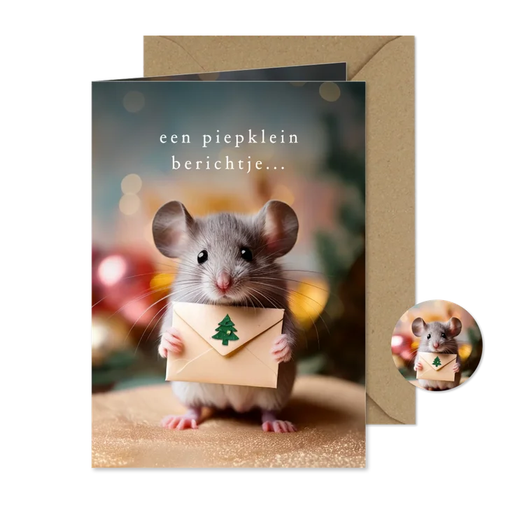 Kerstkaartje met schattig muisje piepklein berichtje kerst