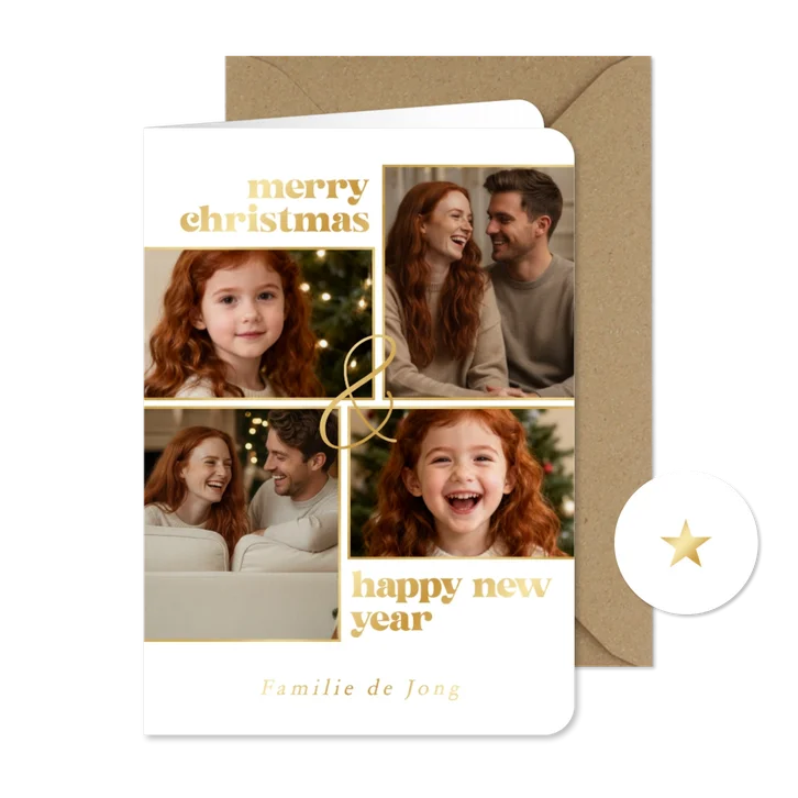 Kerstkaartje minimalistisch met fotocollage wit en goud 