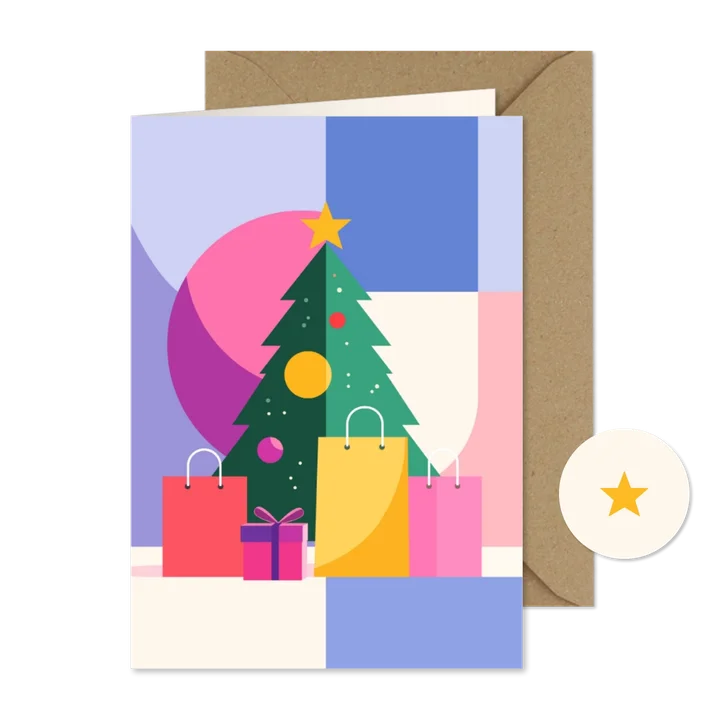 Kerstkaartje modern kerstboom met tasjes en cadeaus bonprix