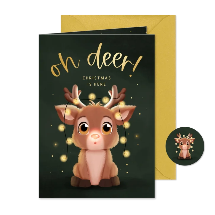 Kerstkaartje oh deer christmas is here rendier lampjes