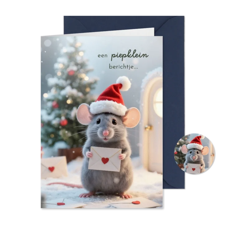 Kerstkaartje piepklein berichtje schattig muisje kerstmuts
