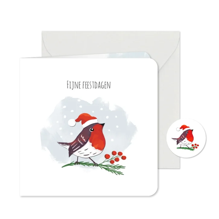 Kerstkaartje roodborstje met kerstmuts en dennentak