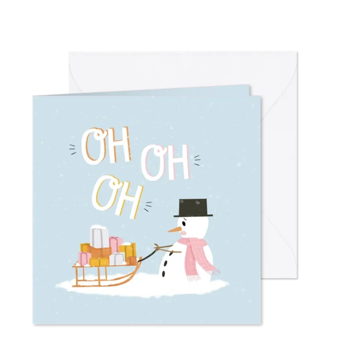 Kerstkaartje sneeuwpop die slee vol cadeaus trekt oh oh oh