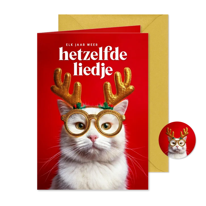 Kerstkaartjes met humor boze kat met gewei hetzelfde liedje