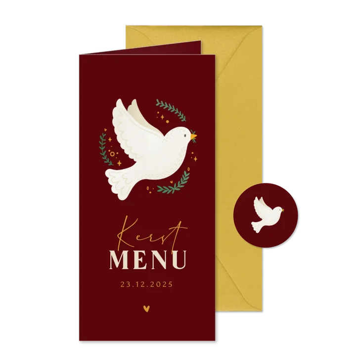Kerstlunch menukaart duif sterren goudlook