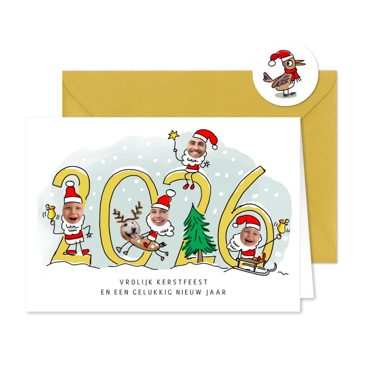 Kerstmannetjes fotokaart voor 5 personen met jaartal