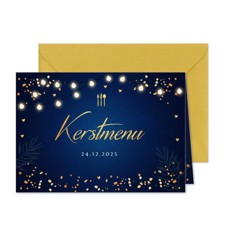 Kerstmenu kaart blauw lampjes goudlook