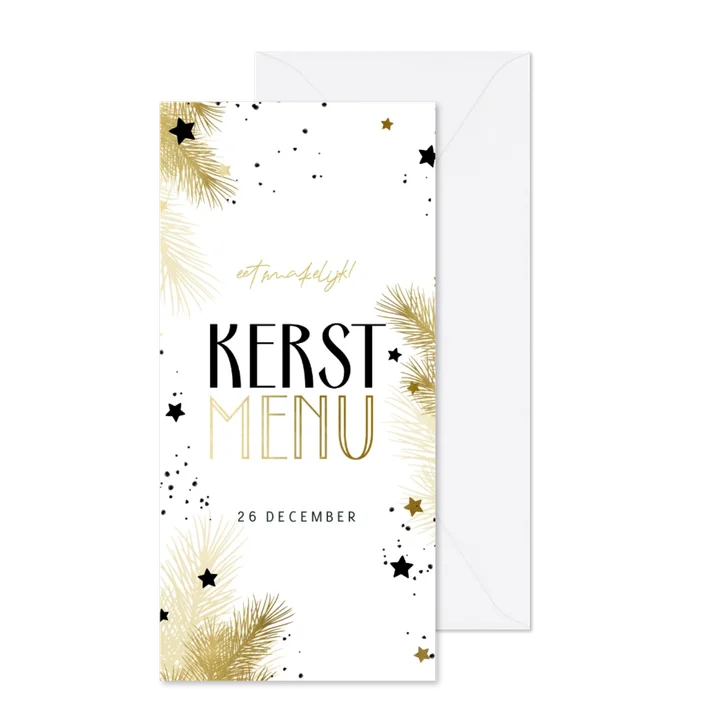 Kerstmenu zwart-wit met kersttakjes en gouden sterren