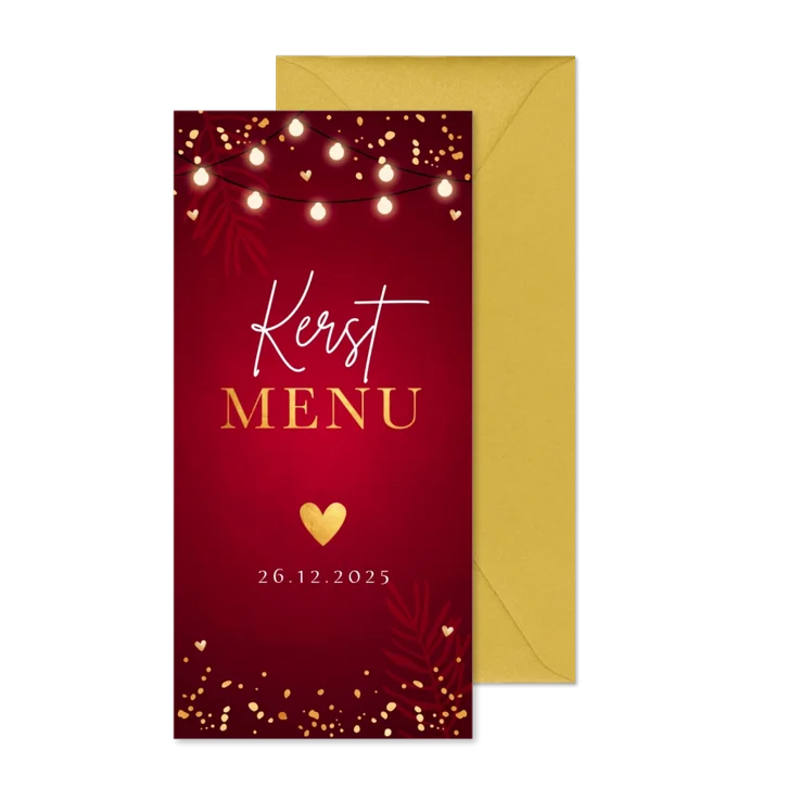 Kerstmenukaart rood langwerpig goudlook lampjes hartje