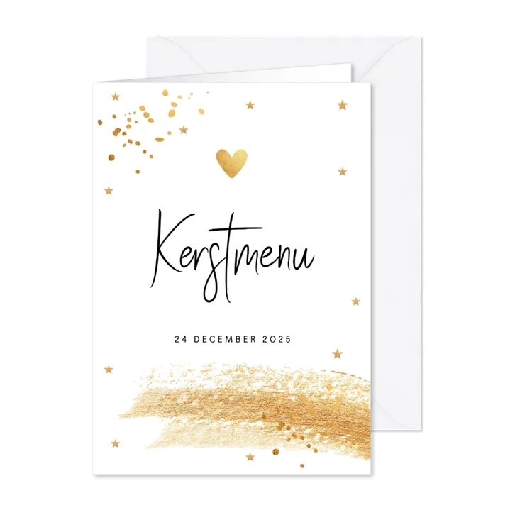 Kerstmenukaart wit brush strook sterren goudlook