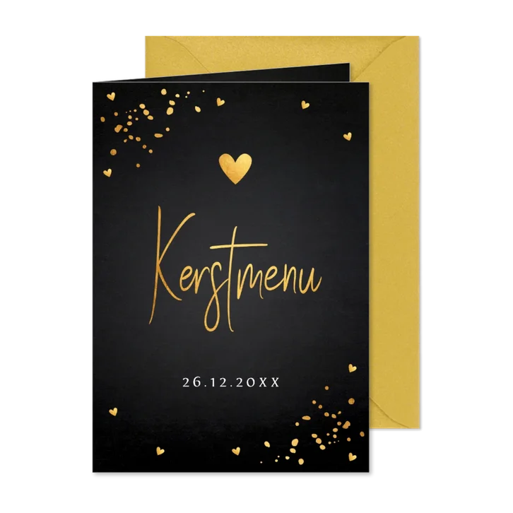 Kerstmenukaart zwart goudlook hartjes