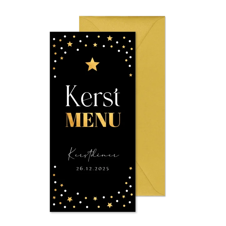 Kerstmenukaart zwart goudlook sterren