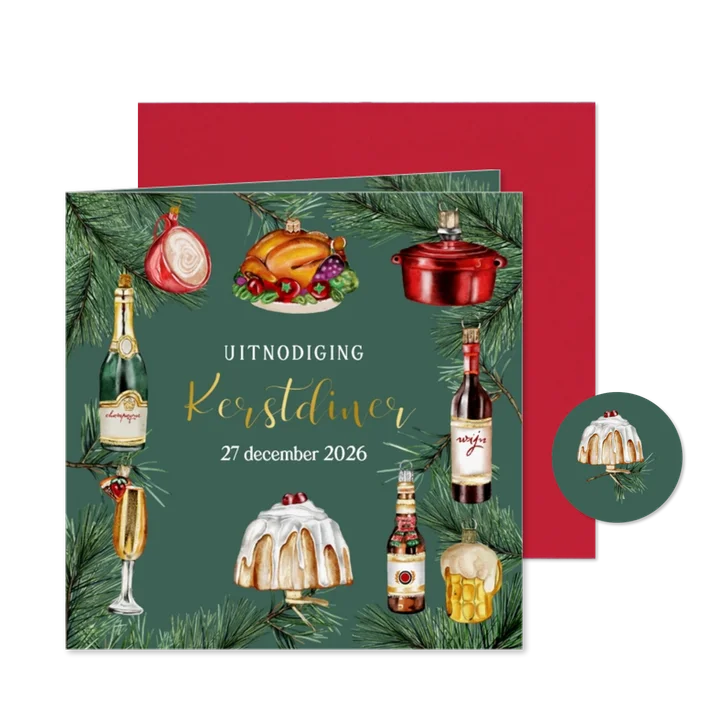 Kerstuitnodiging diner ornamenten 