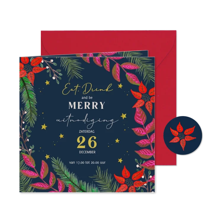 Kerstuitnodiging kerstkrans met bloemen en sterren