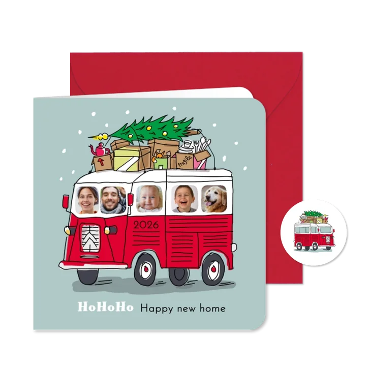Kerstverhuiskaart met HY busje en foto's