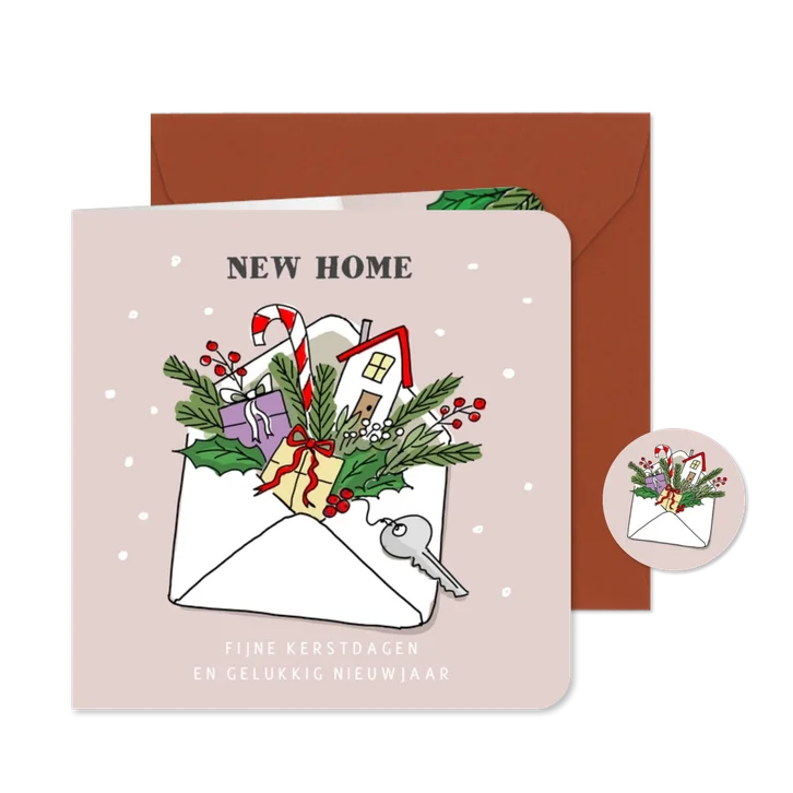 Kerstverhuiskaart met new home in een envelop