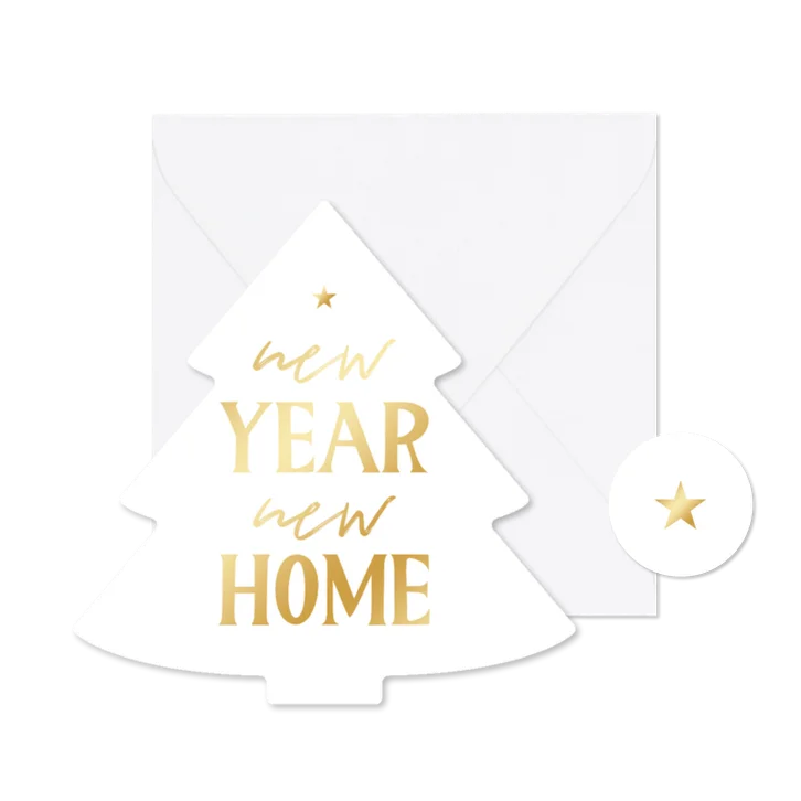 Kerstverhuiskaart new year new home kerstboomvorm wit