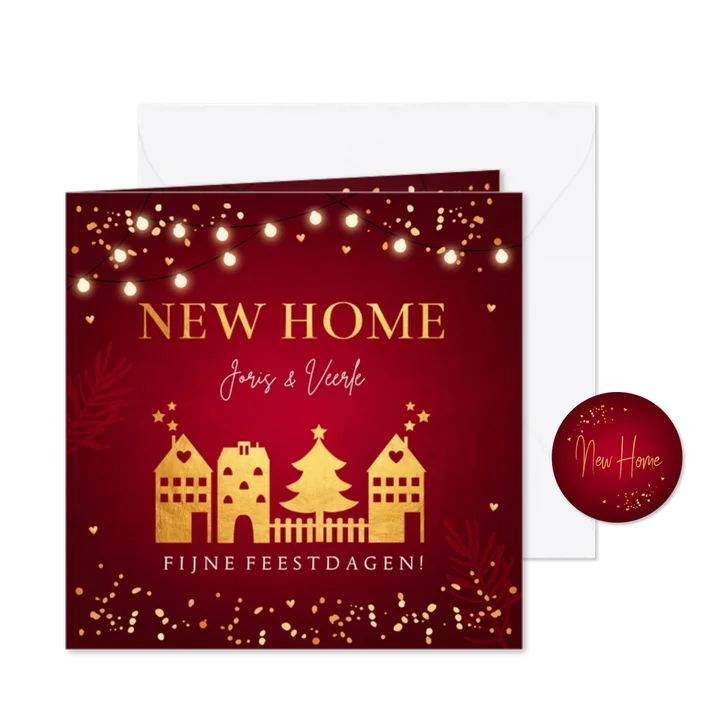 Kerstverhuiskaart rood huisjes lampjes goudlook