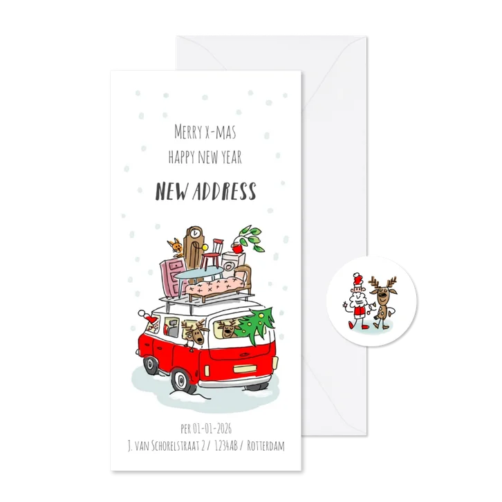 Kerstverhuiskaart vw busje met kerstman in de sneeuw